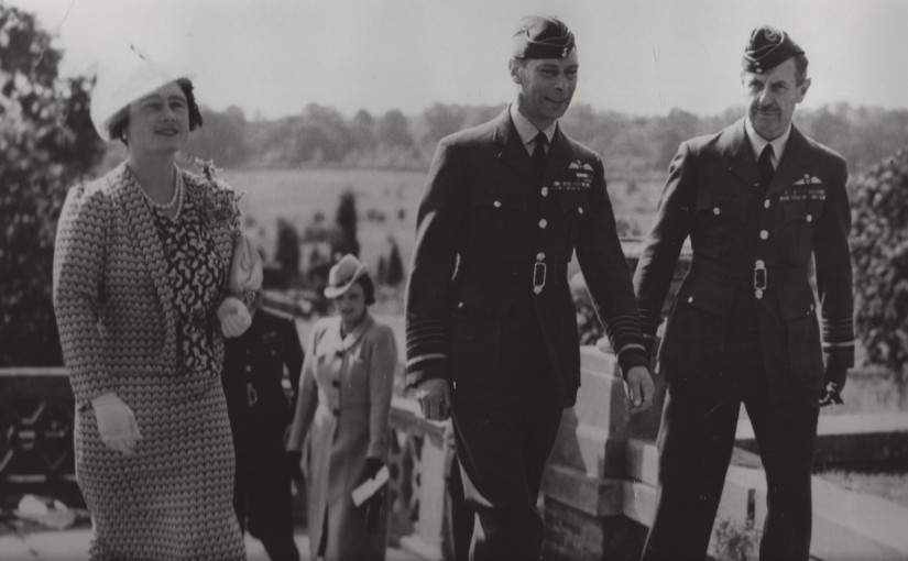 Black and white photograph of Dowding, George VI and Queen Elizabeth at RAF Bentley Priory in September 1940
